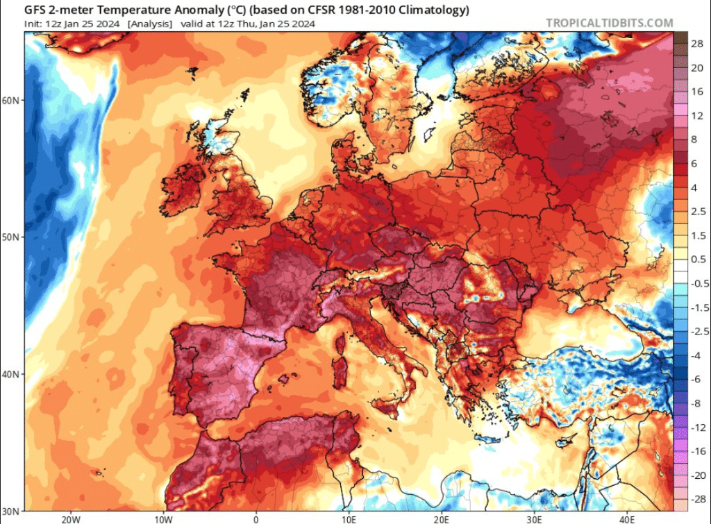 Temperature anomalies in Europe on January 25, 2024